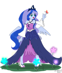 Size: 1021x1200 | Tagged: safe, artist:ch-chau, artist:whiskyice, princess luna, vice principal luna, butterfly, equestria girls, g4, clothes, collaboration, dress, female, open mouth, simple background, solo, transparent background