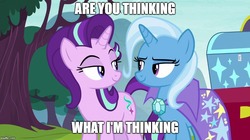 Size: 888x499 | Tagged: safe, edit, edited screencap, screencap, starlight glimmer, trixie, pony, unicorn, g4, road to friendship, cape, clothes, cutie mark, duo, female, image macro, looking at each other, mare, meme, trixie's cape