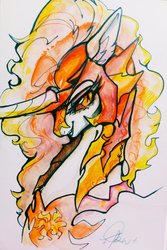 Size: 2002x2996 | Tagged: safe, artist:goldenrainynight, daybreaker, pony, bust, female, fire, helmet, horn, mane of fire, mare, portrait, sharp teeth, signature, simple background, solo, teeth, traditional art, white background