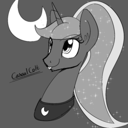 Size: 800x800 | Tagged: safe, artist:casualcolt, princess luna, pony, g4, :p, bust, cute, female, grayscale, lunabetes, mare, monochrome, silly, solo, tongue out