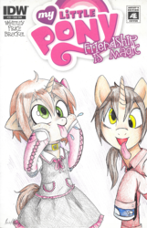 Size: 772x1200 | Tagged: safe, artist:moonkitty, oc, oc only, oc:ryleigh, oc:uriel, pony, unicorn, adorkable, bow, clothes, collar, colored pencil drawing, comic cover, commission, converse, cute, derp, dork, dress, dress shirt, duo, female, hair bow, male, mare, necktie, raspberry, raspberry noise, shoes, silly, silly face, silly pony, spitting, stallion, tongue out, traditional art
