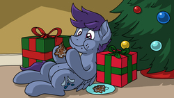 Size: 2400x1350 | Tagged: safe, artist:latecustomer, oc, oc:windy dripper, pegasus, pony, belly button, christmas, christmas tree, cookie, cute, food, holiday, male, present, tree