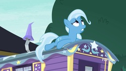 Size: 1920x1080 | Tagged: safe, screencap, trixie, pony, unicorn, g4, road to friendship, female, looking up, mare, prone, solo, trixie's wagon