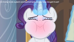 Size: 1280x720 | Tagged: safe, edit, edited screencap, screencap, rarity, pony, g4, sweet and elite, blushing, constipated, female, glowing horn, gross, horn, implied pooping, magic, puffy cheeks, red face, solo, straining