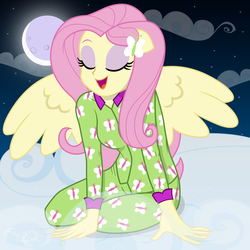 Size: 7680x7680 | Tagged: safe, artist:efk-san, fluttershy, equestria girls, g4, absurd resolution, beautiful, clothes, cloud, cute, eyes closed, female, moon, night, pajamas, ponied up, show accurate, shyabetes, smiling, solo, wings