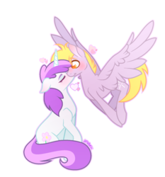 Size: 1421x1525 | Tagged: safe, artist:serathrix, crackle pop, liza doolots, petunia, tootsie flute, pegasus, pony, unicorn, g4, blushing, colt, digital art, female, filly, flying, heart, kissing, male, shipping, simple background, straight, tootsiepop, transparent background