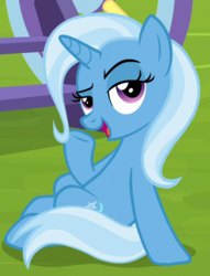 Size: 506x663 | Tagged: safe, screencap, trixie, pony, unicorn, g4, road to friendship, season 8, cropped, dreamworks face, female, looking at you, mare, open mouth, open smile, sitting, smiling, smiling at you, solo, stupid sexy trixie