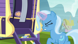 Size: 1280x720 | Tagged: safe, screencap, trixie, pony, unicorn, g4, road to friendship, butt, eyes closed, female, gritted teeth, mare, plot, solo, trixie's wagon