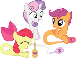 Size: 8442x6400 | Tagged: safe, artist:parclytaxel, apple bloom, scootaloo, sweetie belle, earth pony, genie, genie pony, pegasus, pony, unicorn, ain't never had friends like us, g4, .svg available, absurd resolution, bottle, cutie mark crusaders, eyes closed, female, filly, floating, scootaloo can fly, simple background, smiling, transparent background, vector