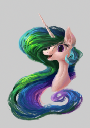 Size: 1017x1439 | Tagged: safe, artist:plainoasis, princess celestia, alicorn, pony, g4, bust, female, gray background, happy, missing accessory, painting, portrait, simple background, smiling, solo
