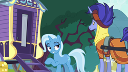 Size: 1920x1080 | Tagged: safe, screencap, hoo'far, trixie, pony, saddle arabian, unicorn, g4, my little pony: friendship is magic, road to friendship, discovery family logo, female, lidded eyes, male, mare, stallion, trixie's wagon