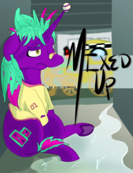 Size: 1488x1926 | Tagged: safe, artist:overlord pony, oc, oc only, oc:mix tape, hinny, pony, unicorn, ball, band-aid, clothes, hilarious in hindsight, horn, horn guard, horn impalement, hornball, nonbinary, shirt, solo, tennis ball, underhoof, unicorn problems