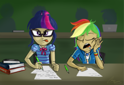 Size: 3304x2284 | Tagged: safe, artist:oinktweetstudios, rainbow dash, sci-twi, twilight sparkle, equestria girls, equestria girls series, g4, book, clothes, desk, drool, eyes closed, geode of super speed, geode of telekinesis, glasses, high res, human coloration, magical geodes, open mouth, paper, school, sitting, sleeping, snoring, studying, textbook, tongue out, writing