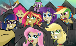 Size: 3763x2301 | Tagged: safe, artist:oinktweetstudios, applejack, fluttershy, pinkie pie, rainbow dash, rarity, sci-twi, spike, spike the regular dog, sunset shimmer, twilight sparkle, dog, equestria girls, g4, canterlot high, clothes, graduate, graduation cap, hat, high res, human coloration, humane five, humane seven, humane six, open mouth