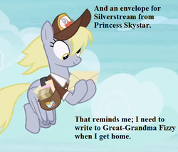 Size: 546x468 | Tagged: safe, edit, edited screencap, editor:korora, screencap, derpy hooves, pegasus, pony, g4, my little pony: the movie, school raze, clothes, cloud, cropped, envelope, female, flying, hat, implied fizzy, implied princess skystar, implied silverstream, mailbag, mailmare hat, mailpony uniform, mare, parcel, text, uniform