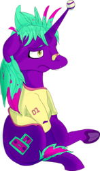 Size: 2086x3543 | Tagged: safe, artist:overlord pony, oc, oc only, oc:mix tape, hinny, pony, unicorn, ball, bandaid, clothes, high res, hilarious in hindsight, horn, horn guard, horn impalement, hornball, nonbinary, sad, shirt, simple background, solo, tennis ball, transparent background, underhoof, unicorn problems