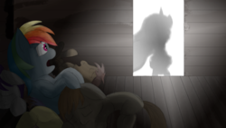 Size: 2560x1440 | Tagged: safe, artist:rainb0wdashie, rainbow dash, g4, fanfic art, implied princess luna, silhouette, startled, train