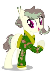 Size: 1004x1500 | Tagged: safe, artist:macadoptables, artist:meimisuki, oc, oc only, oc:yù shuǐyù valencia, earth pony, pony, icey-verse, base used, chinese, clothes, eyeshadow, female, hair bun, hairpin, kimono (clothing), magical lesbian spawn, makeup, mare, offspring, open mouth, parent:oc:jade rivers, parent:vignette valencia, parents:canon x oc, parents:jadencia, simple background, solo, white background