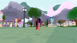 Size: 1366x768 | Tagged: safe, oc, oc only, oc:mya-chan the vampony, pony, legends of equestria, 3d, bank, bugged, cantermore, fountain, house, mountain, mountain range, road, sign, statue, street, tree, video game