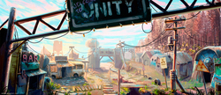 Size: 2000x865 | Tagged: safe, artist:nemo2d, fallout equestria, fallout equestria: red 36, background, bar, building, environment art, fanfic art, no pony, post-apocalyptic, power line, radiation, radiation sign, scenery, sign, store, symbol, town