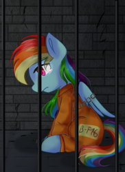Size: 985x1351 | Tagged: safe, artist:whiskyice, rainbow dash, pegasus, pony, g4, b-f16, bound wings, cell, chains, clothes, commission, female, jail, never doubt rainbowdash69's involvement, prison, prison outfit, prisoner rd, sad, solo