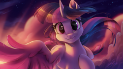 Size: 2500x1406 | Tagged: safe, artist:light262, edit, twilight sparkle, alicorn, pony, g4, cloud, female, fixed, looking at you, mare, reaching, sky, smiling, solo, stars, twilight (astronomy), twilight at twilight, twilight sparkle (alicorn), wing hands