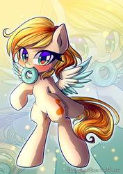 Size: 1500x2121 | Tagged: safe, artist:chaosangeldesu, oc, oc only, pegasus, pony, bipedal, blushing, colored wings, colored wingtips, cute, donut, female, food, gift art, mare, mouth hold, smiling, solo, standing, zoom layer