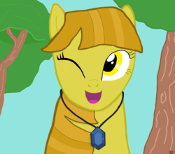 Size: 2500x2200 | Tagged: safe, artist:devfield, oc, oc only, oc:golden star, pony, expression, female, gem, high res, jewelry, looking at you, necklace, one eye closed, open mouth, solo, tree, two toned mane, wink, yellow eyes