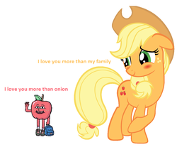 Size: 1158x1024 | Tagged: safe, applejack, g4, apple, apple (character), apple and onion, blushing, crossover, crossover shipping, dialogue, female, food, male, shipping, simple background, size difference, straight, white background