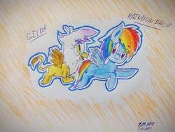 Size: 3128x2349 | Tagged: safe, artist:yellow-dancersarts, gilda, rainbow dash, griffon, pegasus, pony, g4, dialogue, duo, female, filly, filly rainbow dash, flying, high res, traditional art, younger