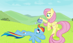 Size: 1505x888 | Tagged: safe, artist:sallycars, fluttershy, rainbow dash, pegasus, pony, g4, duo, female, mare, ms paint, outdoors, scenery, watering can