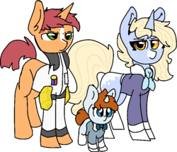 Size: 808x692 | Tagged: safe, alternate version, artist:nootaz, oc, oc:azure radiance, oc:game guard, oc:nootaz, pony, unicorn, bowtie, clothes, coat markings, cute, female, filly, frown, lidded eyes, looking at you, male, mare, serious, serious face, simple background, smiling, smirk, socks (coat markings), stallion, transparent background, uniform