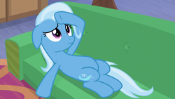 Size: 1280x720 | Tagged: safe, screencap, trixie, pony, unicorn, g4, road to friendship, belly, couch, female, floppy ears, mare