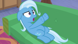 Size: 1280x720 | Tagged: safe, screencap, trixie, pony, unicorn, g4, road to friendship, belly, couch, female, floppy ears, mare