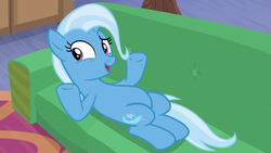 Size: 1280x720 | Tagged: safe, screencap, trixie, pony, unicorn, g4, road to friendship, belly, couch, female, mare, raised eyebrow