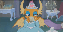 Size: 1809x936 | Tagged: safe, screencap, smolder, dragon, g4, what lies beneath, animated, cup, female, gif, offscreen character, princess smolder, slideshow, solo, teacup