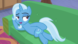 Size: 1280x720 | Tagged: safe, screencap, trixie, pony, unicorn, g4, road to friendship, couch, draw me like one of your french girls, female, lidded eyes, mare, raised eyebrow, solo