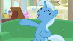 Size: 1280x720 | Tagged: safe, screencap, trixie, pony, unicorn, g4, road to friendship, belly, couch, eyes closed, female, mare, sitting, solo