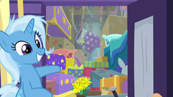 Size: 1280x720 | Tagged: safe, screencap, trixie, pony, unicorn, g4, road to friendship, cannon, clutter, female, grin, mare, messy mane, smiling, solo, trixie's wagon