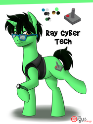 Size: 2400x3200 | Tagged: safe, artist:jcosneverexisted, oc, oc only, oc:ray cyber tech, pony, unicorn, clothes, controller, cutie mark, explicit source, glasses, high res, joystick, male, reference sheet, solo, unicorn oc, vest, watch