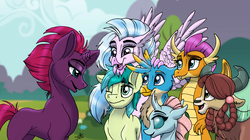 Size: 6280x3517 | Tagged: safe, artist:celestial-rainstorm, fizzlepop berrytwist, gallus, ocellus, sandbar, silverstream, smolder, tempest shadow, yona, pony, g4, absurd resolution, student six