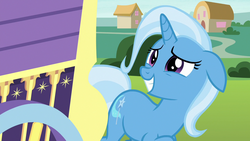 Size: 1280x720 | Tagged: safe, screencap, trixie, pony, unicorn, g4, road to friendship, cute, diatrixes, female, floppy ears, mare, sheepish grin, solo