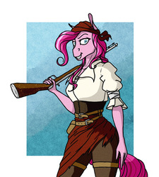 Size: 1280x1424 | Tagged: safe, artist:akweer, pinkie pie, earth pony, anthro, g4, bandana, clothes, female, grin, gun, musket, smiling, solo, weapon