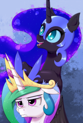 Size: 850x1266 | Tagged: safe, artist:deusexequus, nightmare moon, princess celestia, alicorn, pony, fanfic:princess celestia and nightmare moon team up to save everyone, g4, bust, duo, fanfic, fanfic art, fanfic cover, frown, hoof shoes, unamused