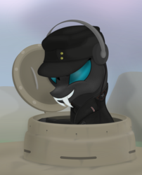 Size: 2897x3591 | Tagged: safe, artist:richmay, oc, oc only, changeling, equestria at war mod, army, bust, cap, changeling oc, german, glare, grin, hat, headphones, high res, inkscape, looking at you, male, military, portrait, smiling, smirk, tank (vehicle), vector, war, world war ii
