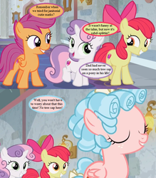 Size: 616x704 | Tagged: safe, edit, edited screencap, editor:korora, screencap, apple bloom, cozy glow, scootaloo, sweetie belle, earth pony, pegasus, pony, unicorn, g4, school raze, adorabloom, bow, cropped, cute, cutealoo, cutie mark, cutie mark crusaders, diasweetes, female, filly, foal, hair bow, implied hondo flanks, noodle incident, reminiscing, school of friendship, speech bubble, text, the cmc's cutie marks, this will end in tears, this will end in tears and/or death and/or covered in tree sap, tree sap and pine needles