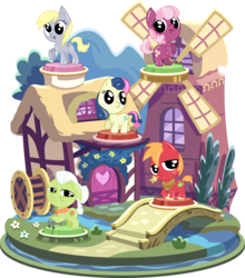 Size: 4014x4557 | Tagged: safe, artist:phucknuckl, budge studios, part of a set, big macintosh, bon bon, cheerilee, derpy hooves, granny smith, sweetie drops, earth pony, pegasus, pony, g4, my little pony pocket ponies, absurd resolution, adorabon, adorasmith, bridge, bush, cheeribetes, chibi, clothes, cute, derpabetes, elderly, female, flower, freckles, granny smith's shawl, house, inkscape, looking at you, macabetes, male, mare, open mouth, ponyville, raised hoof, rearing, set, simple background, smiling, smiling at you, stallion, standing, straw in mouth, transparent background, unshorn fetlocks, vector, wall of tags, water, windmill