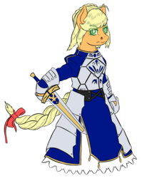 Size: 1024x1284 | Tagged: safe, artist:korencz11, applejack, semi-anthro, g4, artoria pendragon, atg 2018, crossover, excalibur, fate/stay night, female, newbie artist training grounds, simple background, solo, sword, transparent background, weapon