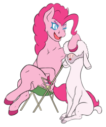Size: 1024x1224 | Tagged: safe, artist:korencz11, pinkie pie, pom (tfh), lamb, sheep, them's fightin' herds, g4, armpits, atg 2018, chair, cloven hooves, colored hooves, community related, female, mare, newbie artist training grounds, simple background, sitting, transparent background