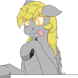 Size: 1024x1024 | Tagged: safe, artist:korencz11, derpy hooves, pony, g4, atg 2018, female, newbie artist training grounds, pen, simple background, solo, tongue out, white background